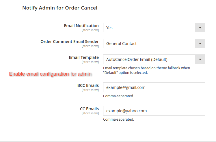 Notify Admin for order cancel and email configuration