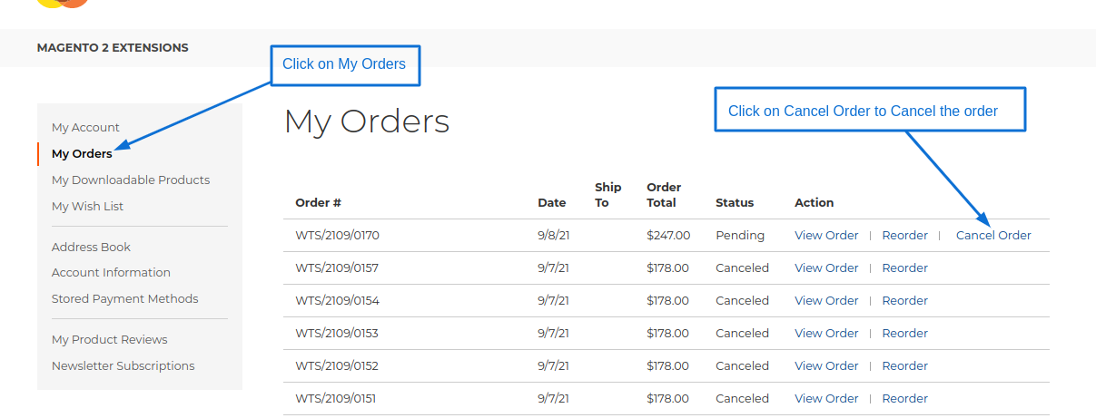 Show Cancel order on my orders listing