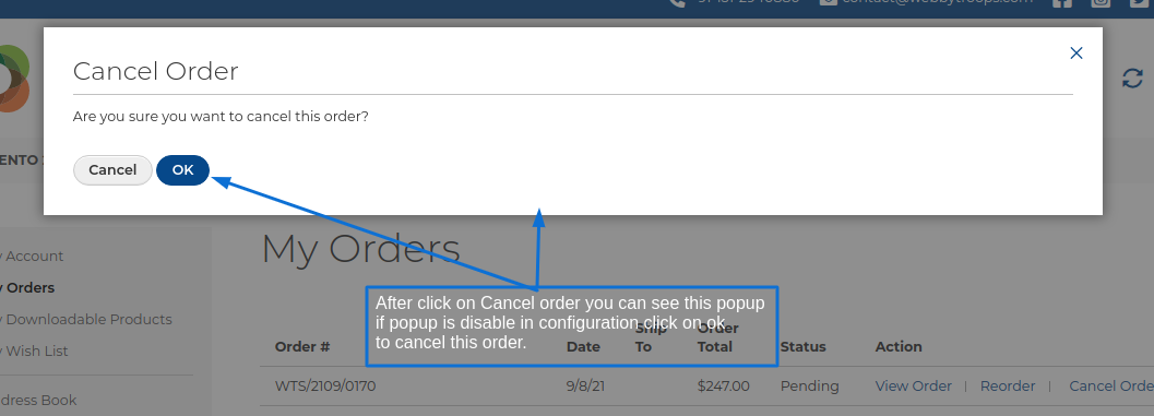 Show cancel order popup