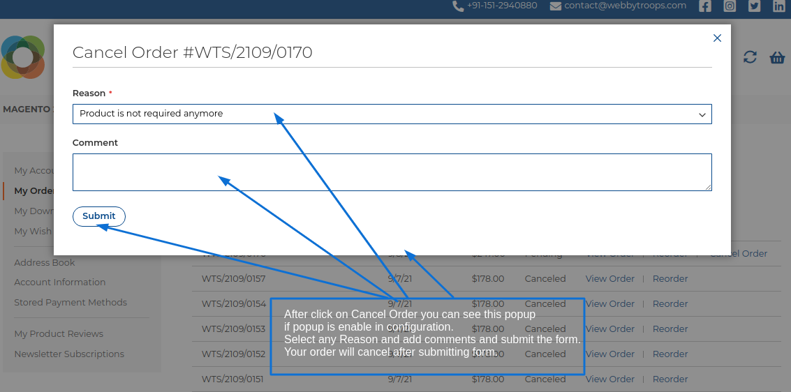 Show cancel order popup with reason
