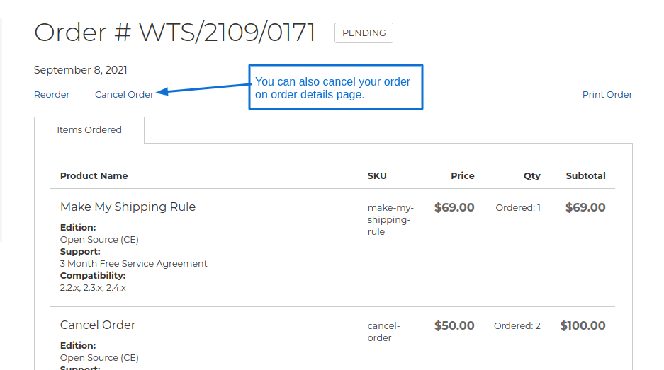 Cancel order link on order view
